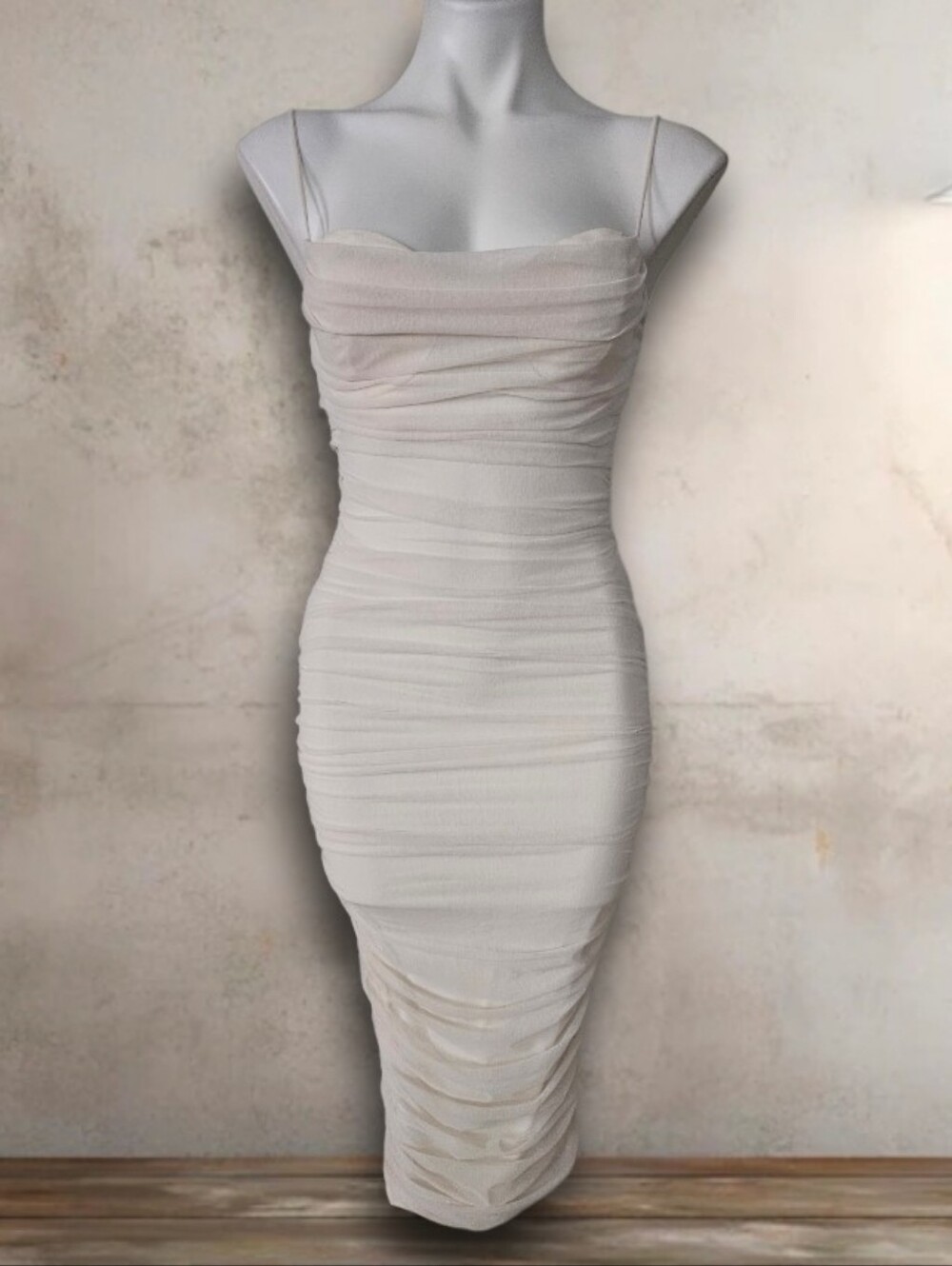 Windsor Ruched Sheer Bodycon Midi Dress in Light Cream Small